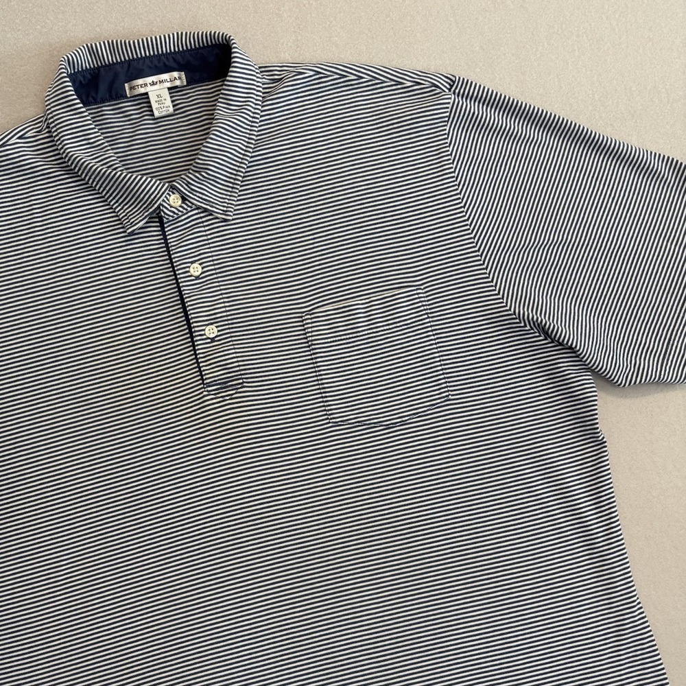 Peter Millar XL Navy BLUE/WHITE Stripe PIMA‎ COTTON Polo Golf Shirt SOFT QUALITY